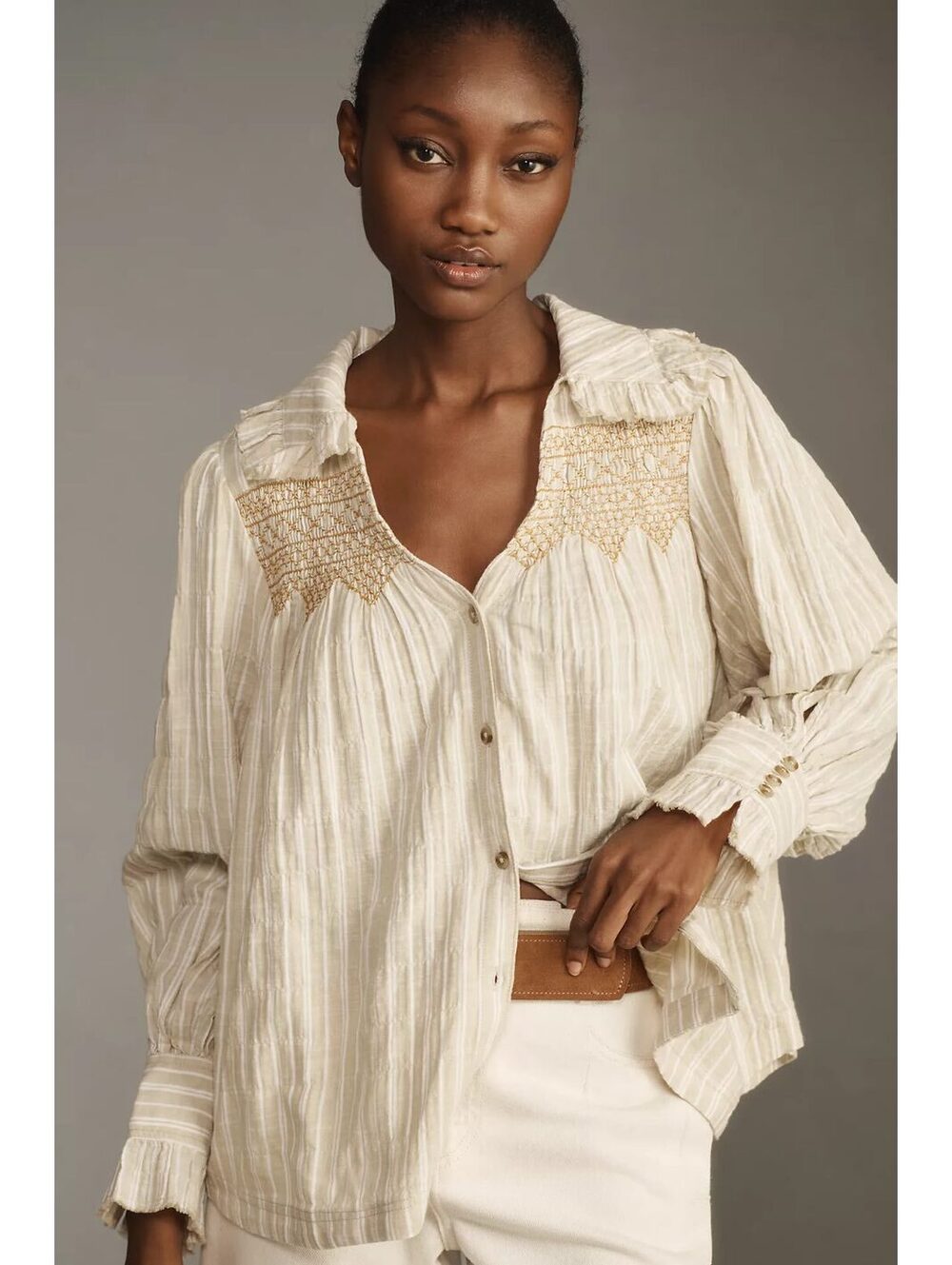 Anthropologie Pilcro Beige Victorian Striped Long Sleeve Buttondown Blouse Top